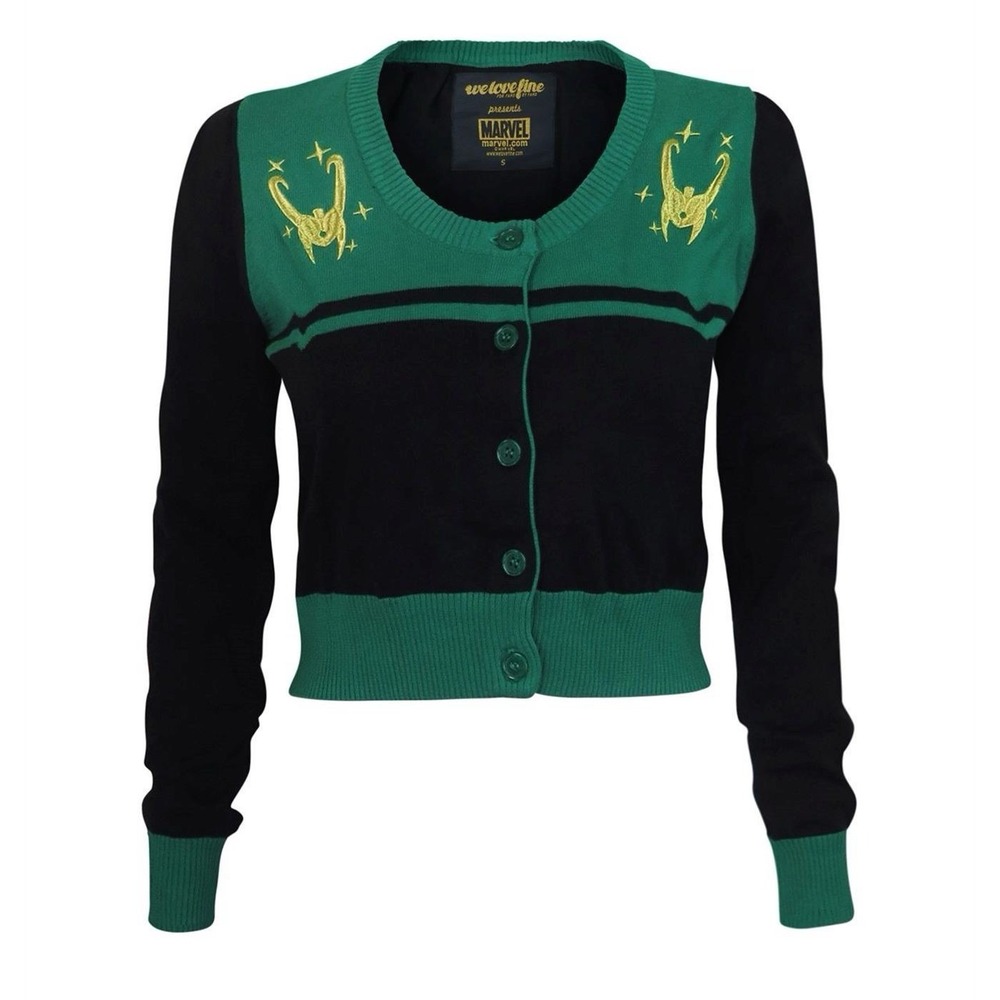 WeLoveFine x Marvel Loki Helmet Vintage Crop Sweater Cardigan Sz M Green Cosplay